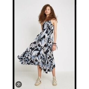NWT Free People Intimately Sz XS Heatwave Black & Blue Tropical Print Midi Dress